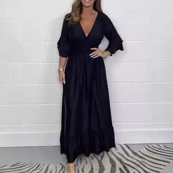 Женское вечернее платье с V-образным вырезом, тонкой талией, манжетами-оборками, атласным плиссированным многослойным подолом, платье-макси А-силуэта с длинными рукавами, свадебное банкетное платье XL зелёный