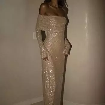 Женское вечернее платье с вырезом лодочкой, открытыми плечами, длинными рукавами, мерцающими пайетками, бронзированием, без бретелек S коричневый