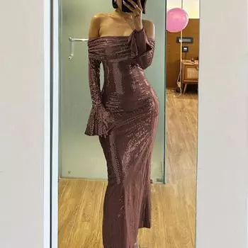 Женское вечернее платье с вырезом лодочкой, открытыми плечами, длинными рукавами, сверкающими пайетками, бронзовым отливом, без бретелек, облегающее платье для выпускного вечера, коктейльное платье макси S серый