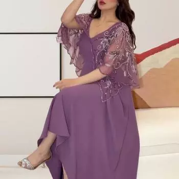 Женское вечернее платье с вышивкой, шаль подолу, без рукавов, сплошной цвет, большой трапециевидный цветочный узор, элегантный стиль, вечерние макси для выпускного вечера M фиолетовый