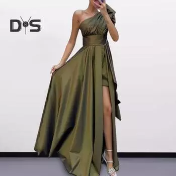 Женское вечернее платье с высоким разрезом на одно плечо без рукавов, плиссированное, с высокой талией, нестандартное, чистого цвета, коктейльное, свадебное, банкетное, макси-платье, бальное платье XL армия зеленый
