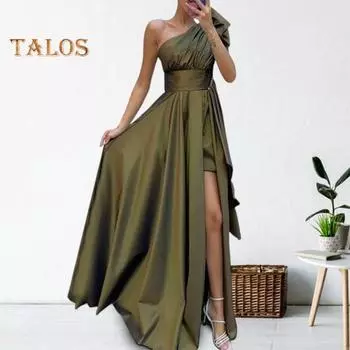 Женское вечернее платье с высоким разрезом на одно плечо без рукавов, плиссированное, с высокой талией, нестандартное, чистого цвета, коктейльное, свадебное, банкетное, макси-платье, бальное платье XL армия зеленый