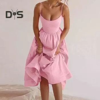 Женское вечернее платье с зауженной талией, без рукавов, с открытой спиной, с глубоким вырезом, плиссированное, А-силуэта, с большим подолом, в стиле принцессы, однотонное платье на бретелях, вечернее, выпускное, миди M розовый