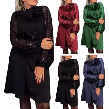 Женское вечернее платье со шнуровкой на бретелях, с пайетками, в стиле пэчворк, с длинными рукавами-фонариками, круглым вырезом, весенне-осеннее платье миди, свободное платье для выпускного вечера M зелёный