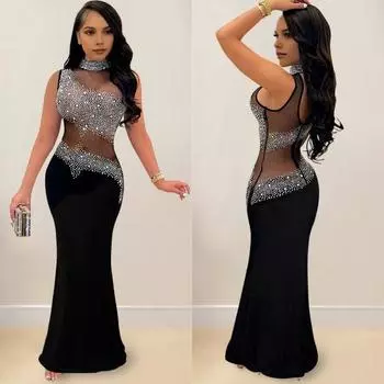 Женское вечернее платье со стразами, сетка, пэчворк, без рукавов, облегающее, с круглым вырезом, свадебное S чёрный