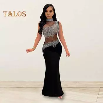 Женское вечернее платье со стразами, сетка в стиле пэчворк, без рукавов, облегающее, с круглым вырезом, свадебное, вечернее, макси-платье для выпускного вечера, официального банкета S чёрный