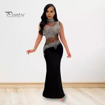 Женское вечернее платье со стразами, сетка в стиле пэчворк, без рукавов, облегающее, с круглым вырезом, свадебное, вечернее, макси-платье для выпускного вечера, официального банкета S чёрный