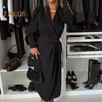 Женское вечернее платье в деловом стиле с отложным воротником, длинным рукавом, однотонное, облегающее, со шнуровкой и перекрестными бретелями, весеннее платье-миди, OL, летнее платье для поездок на работу L чёрный