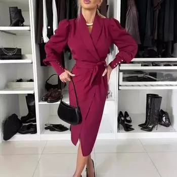 Женское вечернее платье в деловом стиле с отложным воротником, длинным рукавом, однотонное, облегающее, со шнуровкой и перекрестными бретелями, весеннее платье-миди, OL, летнее платье для поездок на работу S чёрный