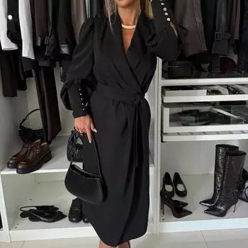 Женское вечернее платье в деловом стиле с отложным воротником и длинным рукавом, однотонное, облегающее XL чёрный