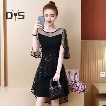 Женское вечернее платье в сетку в стиле пэчворк, нерегулярное мини-платье с круглым вырезом, звездами и блестками, двухслойное с рюшами и короткими рукавами, вечерние мини-платье для выпускного вечера L чёрный