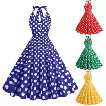 Женское вечернее платье в стиле ретро в горошек с принтом трапециевидной формы с большими качелями на шнуровке с открытой спиной с лямкой на шее и V-образным вырезом, облегающее платье миди с высокой талией и пуговицами для выпускного вечера S жёлтый