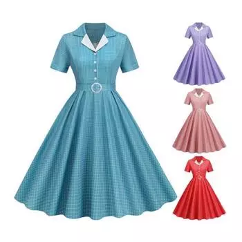 Женское вечернее платье в стиле ретро, однобортное трапециевидное платье с большим отложным воротником, V-образным вырезом и клетчатым принтом, с высоким поясом и узкой талией, женское платье миди для выпускного вечера 2XL зелёный/синий