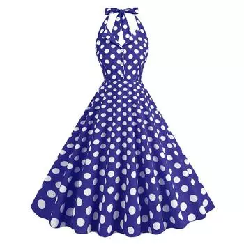 Женское вечернее платье в стиле ретро с принтом в горошек, А-силуэта, с открытой спиной, с вырезом-халтер и V-образным вырезом, облегающее, с высокой талией, на пуговицах S красный