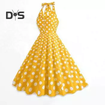 Женское вечернее платье в стиле ретро с принтом в горошек, А-силуэта, с открытой спиной, халтер-воротником, V-образным вырезом, облегающим, с высокой талией, на пуговицах, для выпускного вечера, миди-платье 2XL темно-синий