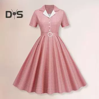 Женское вечернее платье в стиле ретро, полуоднобортное, А-силуэта, с коротким рукавом, отложным воротником, V-образным вырезом, клетчатым принтом, с высоким поясом и узкой талией, для выпускного вечера S красный