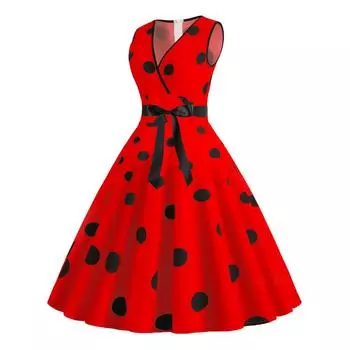 Женское вечернее платье в винтажном стиле с контрастным цветным принтом в горошек и бантом на талии, А-силуэт, облегающее, без рукавов, с открытой спиной, с V-образным вырезом, принцесса, размер S S чёрный