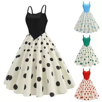 Женское вечернее платье, винтажное контрастное цветное платье в горошек с принтом трапеции, большие качели, тонкое платье без рукавов с открытой спиной и V-образным вырезом, плиссированное платье миди в стиле принцессы
