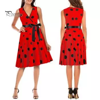 Женское вечернее платье, винтажное контрастное цветное платье в горошек с бантом на талии, трапециевидной формы с большими качелями, тонкое платье без рукавов с открытой спиной и V-образным вырезом, платье миди в стиле принцессы S красный
