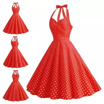Женское вечернее платье, винтажное контрастное цветное платье с точечным принтом, трапециевидное, с большими качелями, тонкое, без рукавов, с открытой спиной, с лямкой на шее, плиссированное платье миди в стиле принцессы M красный