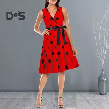 Женское вечернее платье, винтажное контрастное цветное платье в горошек с бантом на талии, трапециевидной формы с большими качелями, тонкое платье без рукавов с открытой спиной и V-образным вырезом, платье миди в стиле принцессы S красный