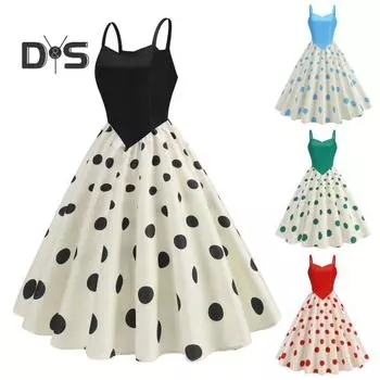 Женское вечернее платье, винтажное контрастное цветное платье в горошек с принтом трапеции, большие качели, тонкое платье без рукавов с открытой спиной и V-образным вырезом, плиссированное платье миди в стиле принцессы 2XL чёрный