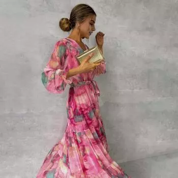 Женское вечернее платье Yousheng, лоскутное, с V-образным вырезом, на шнуровке, на талии, в стиле бохо, с рукавами-фонариками, плиссированное, с цветным принтом, с широким подолом, А-силуэта, макси-платье S розы красного