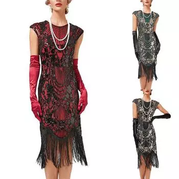 Женское вечернее сексуальное платье, модное однотонное платье с блестками и бахромой L чёрный