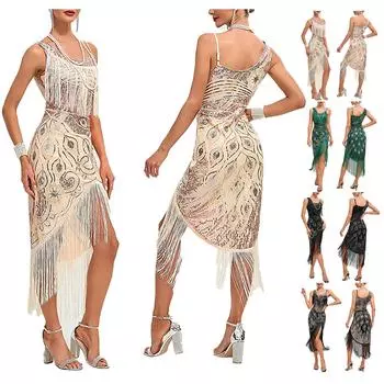 Женское вечернее сексуальное платье, модное однотонное платье с блестками и бахромой L бежевый