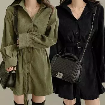 Женское вельветовое длинное платье-рубашка французского дизайна в иностранном стиле со шнуровкой на талии, утягивающее платье S чёрный