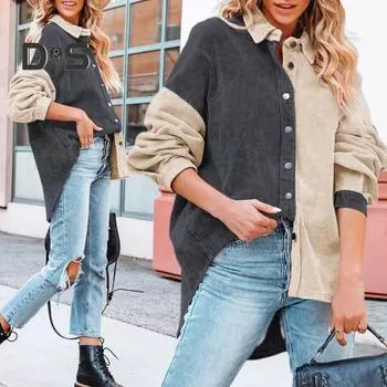 Женское вельветовое пальто с лацканами и длинным рукавом, свободная посадка, дизайн цветных блоков, куртка, однобортное повседневное пальто-рубашка 2XL серый