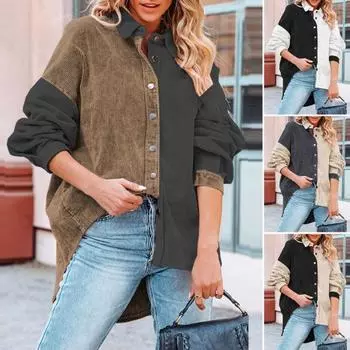 Женское вельветовое пальто с лацканами и длинным рукавом, свободная посадка, дизайн цветных блоков, куртка, однобортное повседневное пальто-рубашка 2XL серый