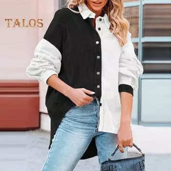 Женское вельветовое пальто с лацканами и длинным рукавом, свободная посадка, дизайн цветных блоков, куртка, однобортное повседневное пальто-рубашка 2XL серый