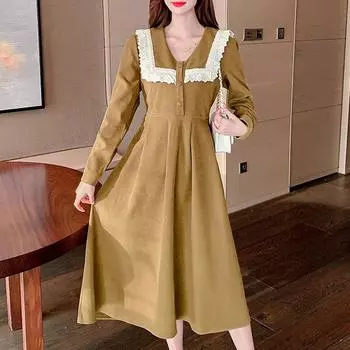 Женское вельветовое платье, осенне-зимнее модное повседневное свободное платье в стиле ретро с длинными рукавами