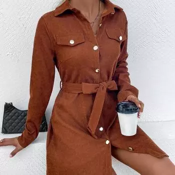 Женское вельветовое платье-рубашка, однотонное платье с отложным воротником и длинными рукавами на пуговицах, осеннее повседневное короткое платье S коричневый