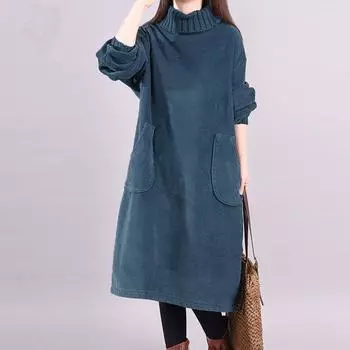 Женское вельветовое утепленное платье с воротником и карманами L синий