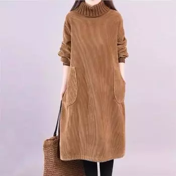 Женское вельветовое утепленное платье с воротником и карманами XXL