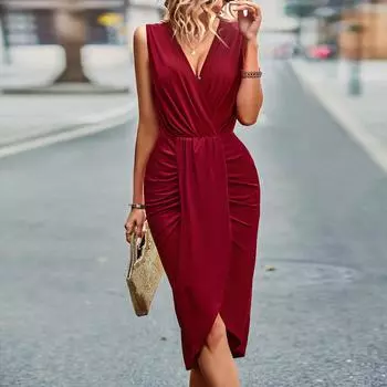 Женское весенне-летнее элегантное сексуальное длинное платье без рукавов с V-образным вырезом, плиссированное шикарное платье с высокой талией S чёрный