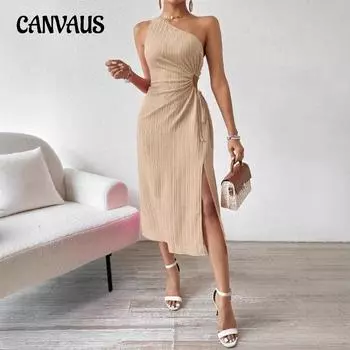 Женское весенне-летнее элегантное сексуальное платье без рукавов на одно плечо с диагональным воротником и однотонным разрезом S розы красного