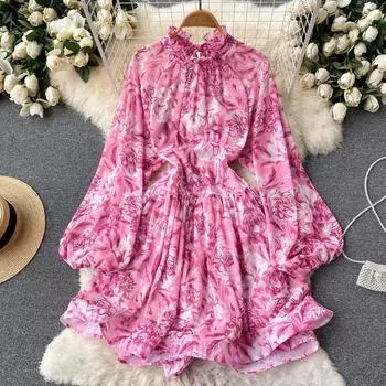 Женское весенне-летнее богемное пляжное платье с открытой спиной и пышными рукавами с цветочным принтом, вечерние платья миди One Size