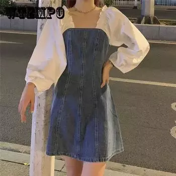 Женское весенне-летнее джинсовое платье с длинными рукавами и заниженной талией во французском стиле в стиле ретро с квадратным вырезом и рукавами-пузырьками L