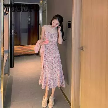 Женское весенне-летнее маленькое свежее простое ретро элегантное нежное тонкое платье на подтяжках с цветочным принтом феи XL