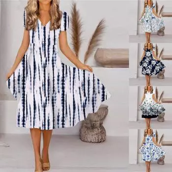 Женское весенне-летнее модное платье с V-образным вырезом и коротким рукавом с цветочным принтом и свободным подолом L