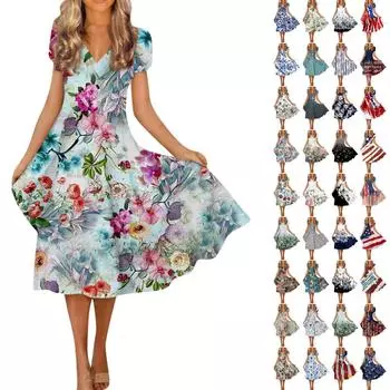 Женское весенне-летнее модное платье с V-образным вырезом и коротким рукавом с цветочным принтом и свободным подолом M зелёный