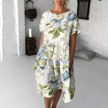 Женское весенне-летнее модное платье с V-образным вырезом и коротким рукавом с цветочным принтом и свободным подолом S белый