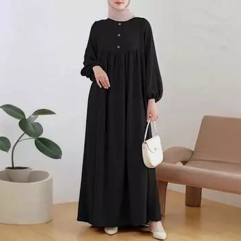 Женское весенне-летнее модное повседневное простое свободное платье с рукавами-фонариками S чёрный