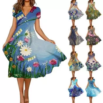 Женское весенне-летнее модное свободное платье с v-образным вырезом и короткими рукавами с принтом XXXL синий