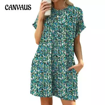 Женское весенне-летнее новое свободное платье с круглым вырезом, коротким рукавом и карманом с принтом в наличии S