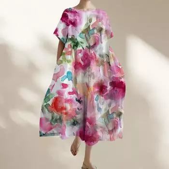Женское весенне-летнее новое свободное платье с длинным круглым вырезом больших размеров L разноцветный