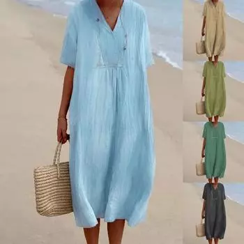Женское весенне-летнее однотонное хлопково-льняное повседневное платье с короткими рукавами и v-образным вырезом M темно-серого